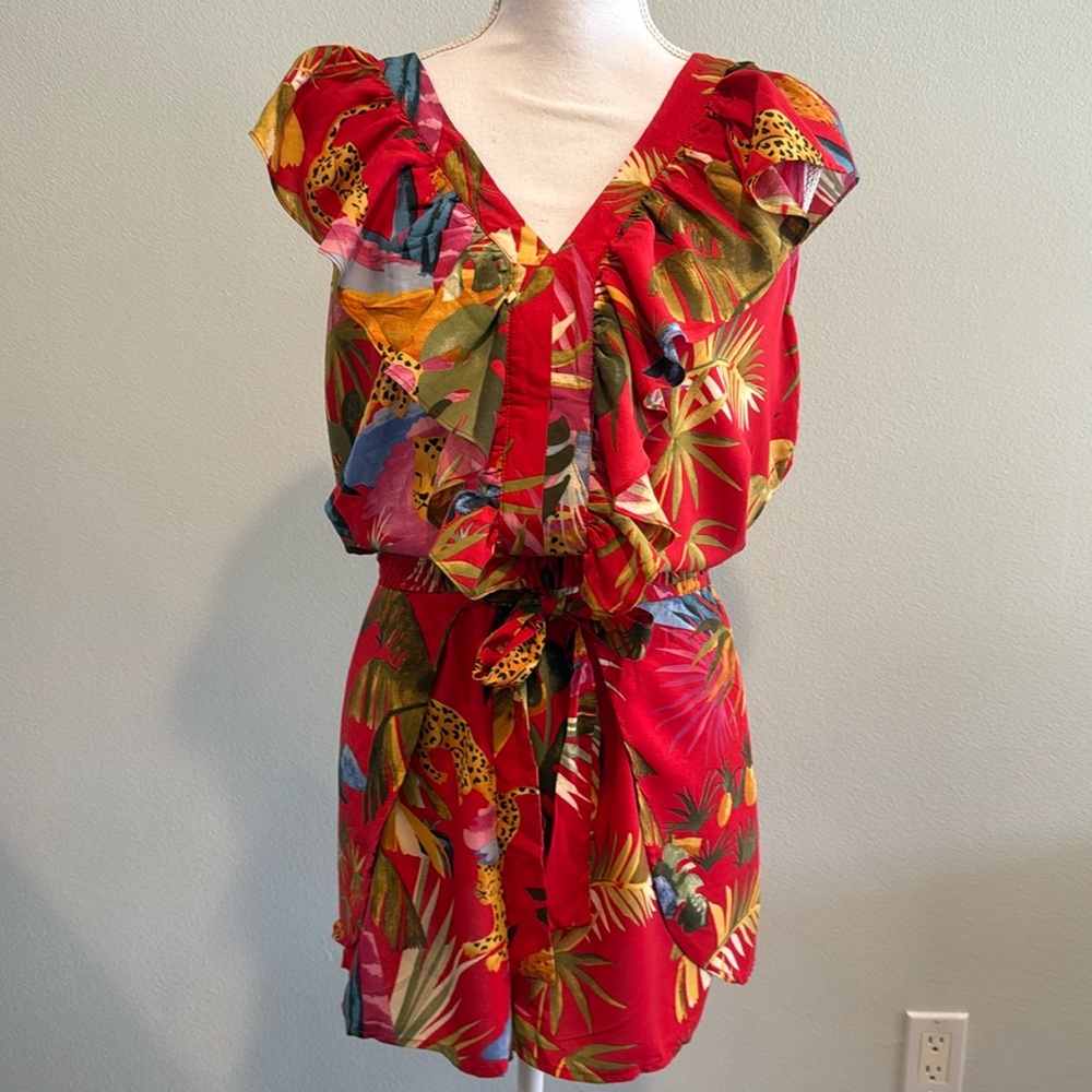 Tropical Leopard Print Ruffle Short Set Red Jungle Palm V-Neck